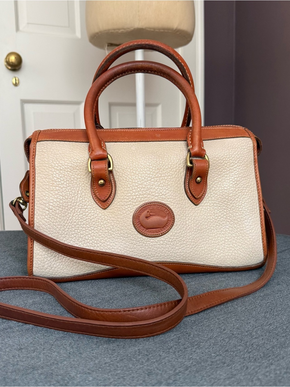Dooney & Bourke Cream and Brown Pebbled Leather Satchel with Shoulder Strap